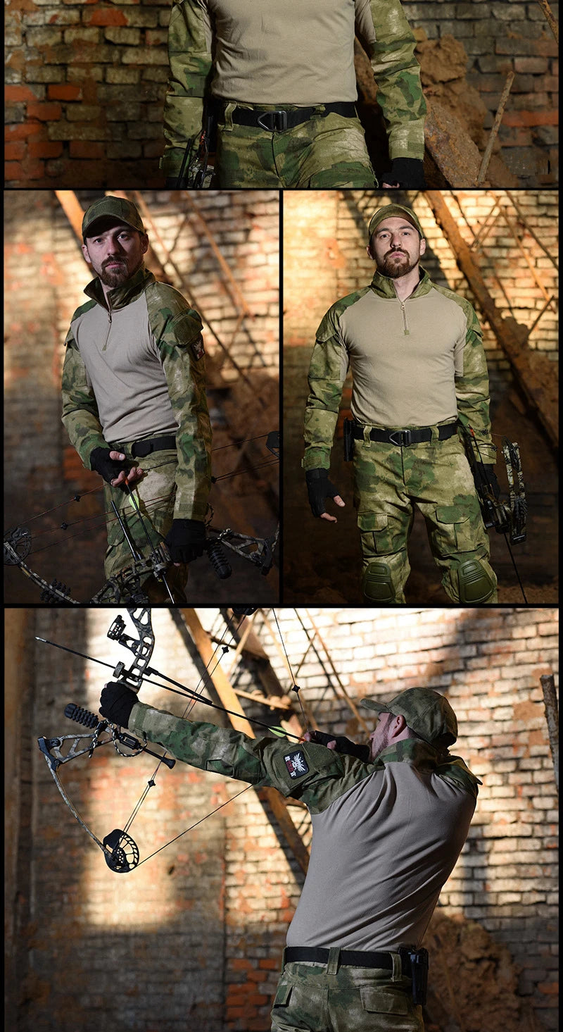 Tactical Camouflage Uniform Clothes Mens Outdoor Paintball Hunting Combat Shirt + Pants with Knee