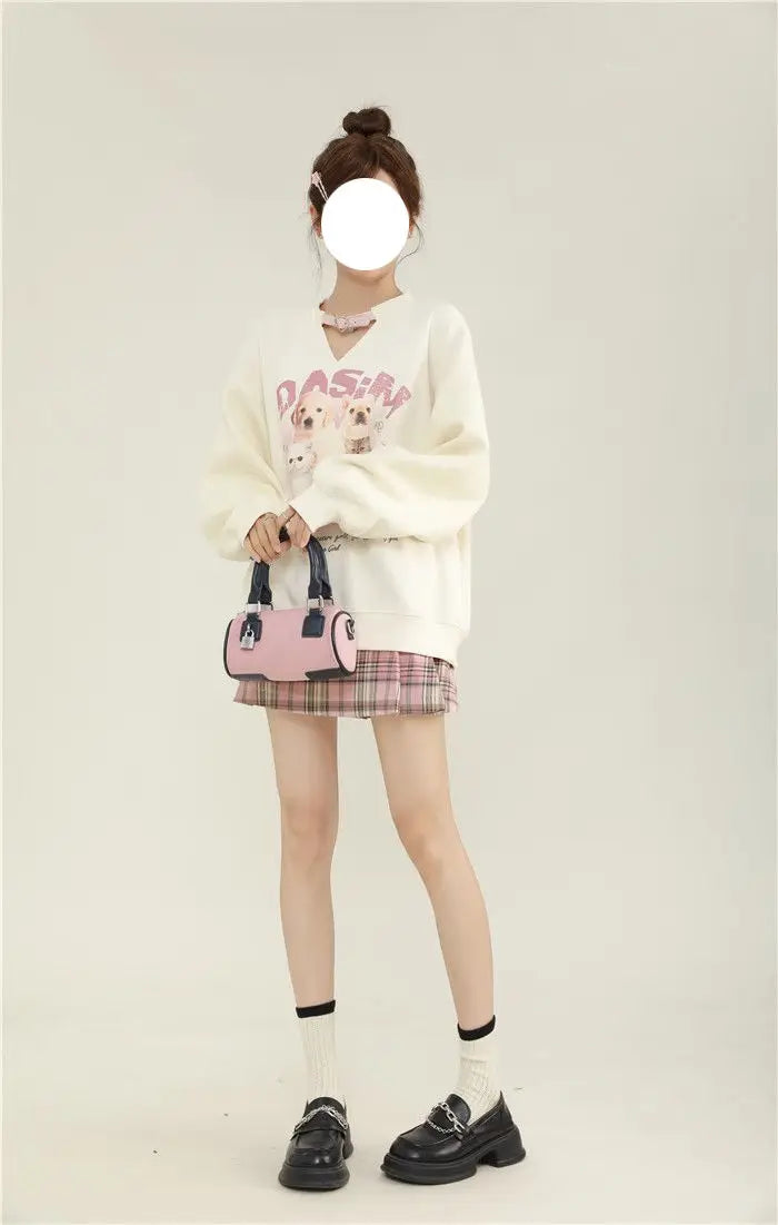 College-stijl schattige bedrukte fleece hoodie met lange mouwen voor dames en uniek ontwerp Sense Niche Loose