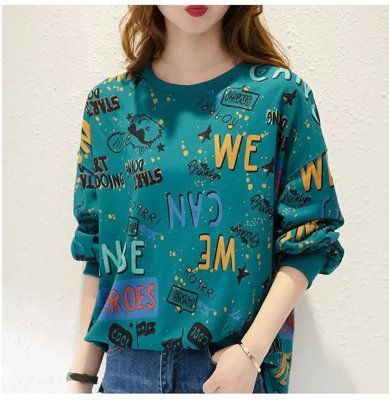 Classic Fashion Printing Letter Sweatshirts Women Long Sleeve Loose O collar Slim Casual All match