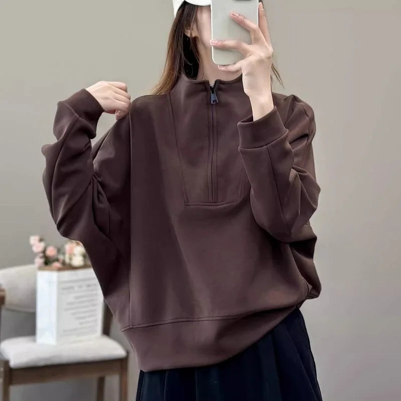 Fashionable and Casual Stand up Collar Sweatshirt Women in Spring and Autumn Loose Semi zipper