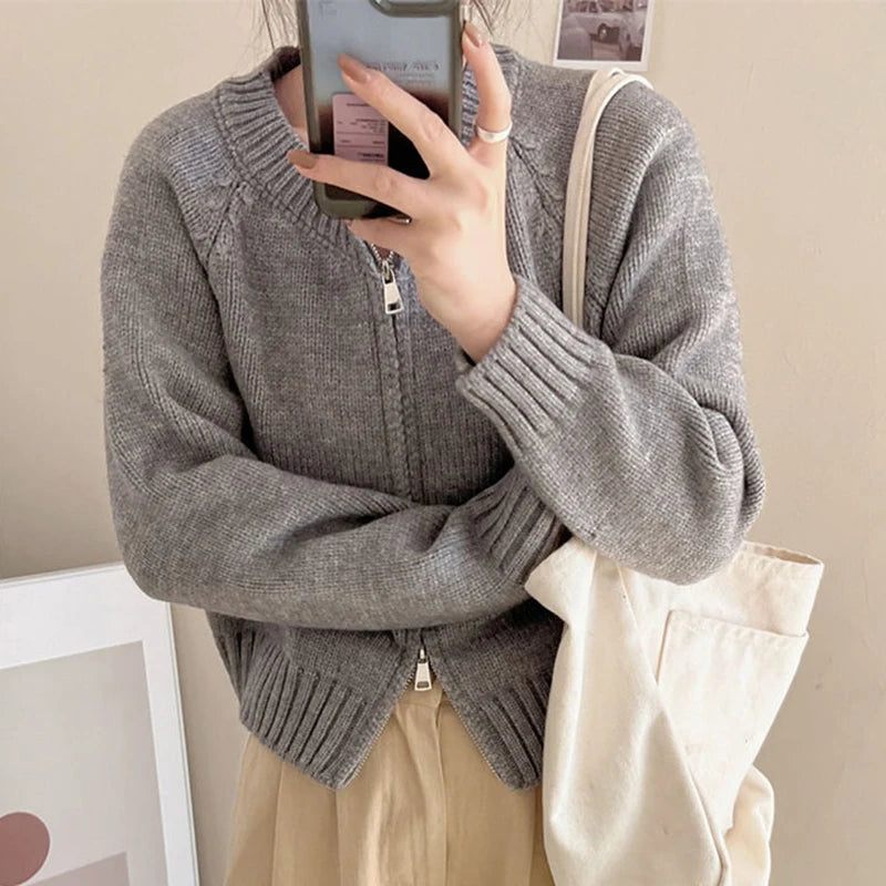 Heliar Dames Effen Rits Gebreide Cardigan Truien Casual Breiwerk Jas Lang