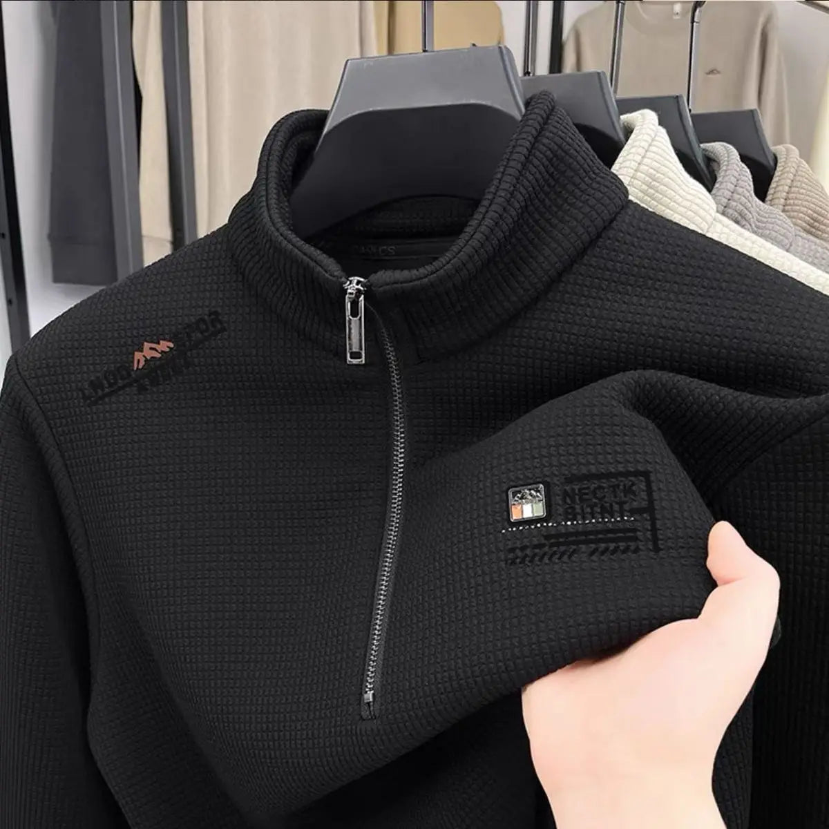 Men s Fleece Liner Sweatshirts Vintage Half Zipper Print Plaid Texture Thick Wool Warm Pullover