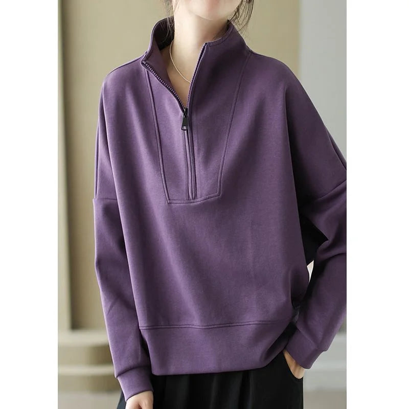 Fashionable and Casual Stand up Collar Sweatshirt Women in Spring and Autumn Loose Semi zipper