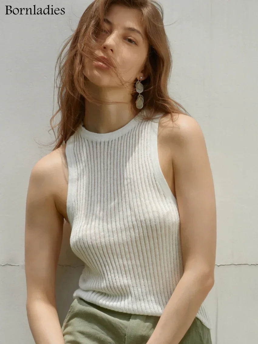 Bornladies Fashion Witte Wol Doorschijnende Dames Tanks Tops Outfit Mouwloos