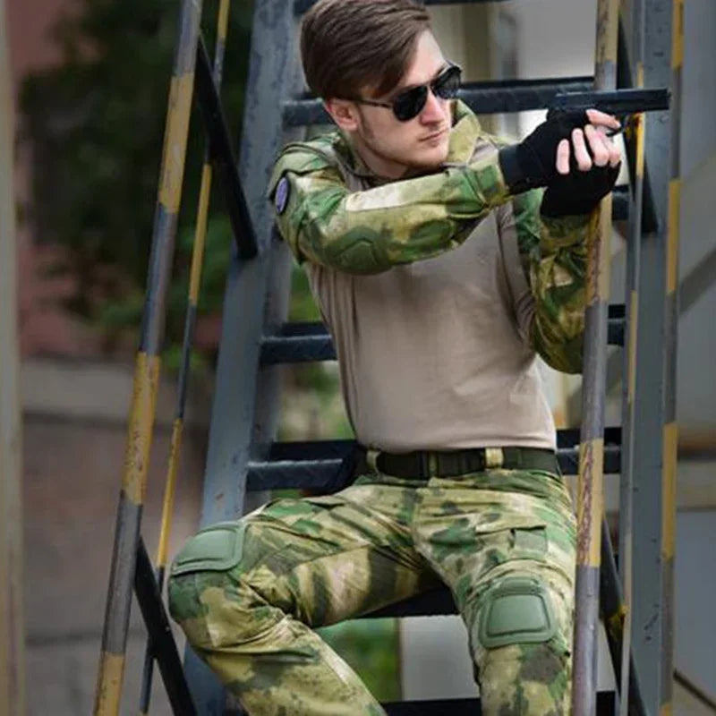 Woodland Camouflage Uniform Tactical Combat Suit Airsoft War Game Clothing Shirt + Pants Elbow