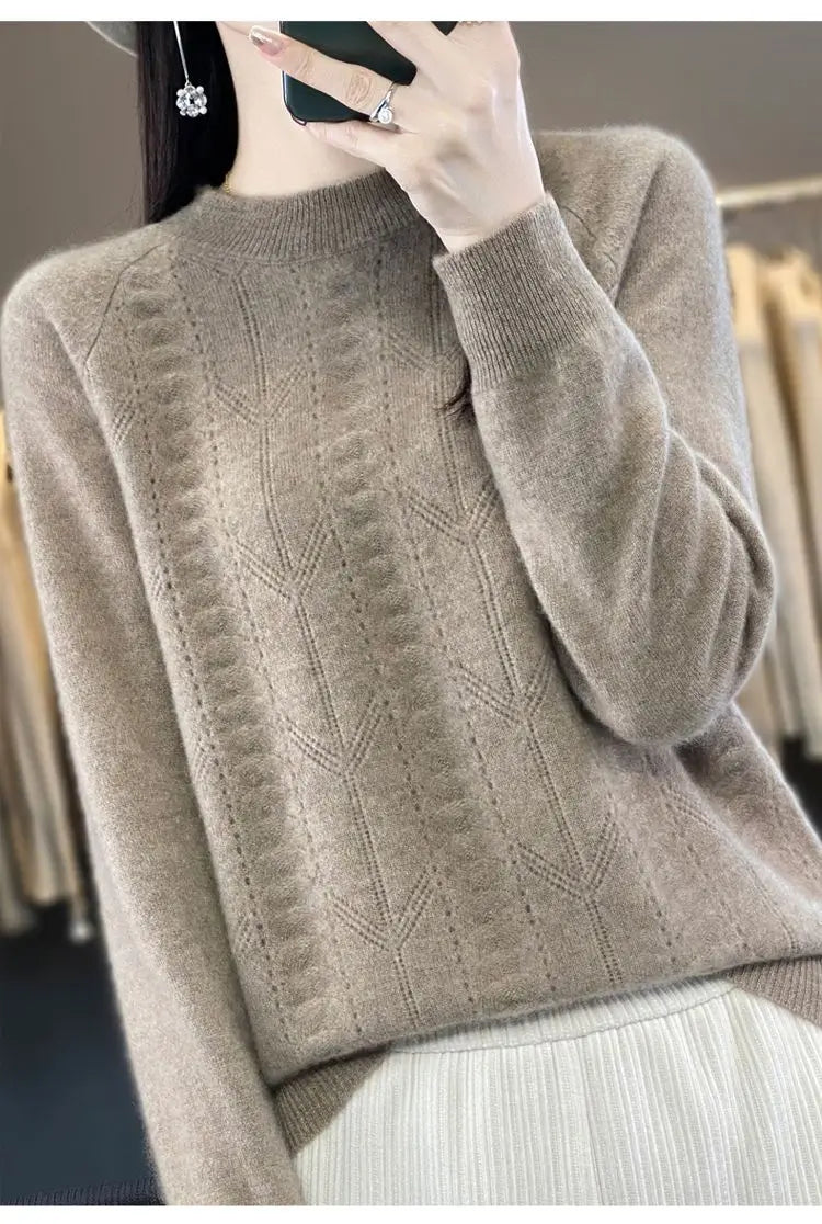 Women Stylish Simple Hollow Soft Cashmere Basic Knitted Sweater Solid O Neck Long Sleeve Loose