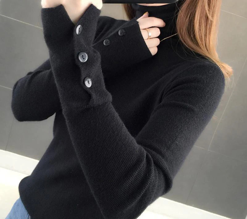 Heliar Dames Turtleneck Knopen Effen Warme Trui Lange Mouw Gebreid Basic