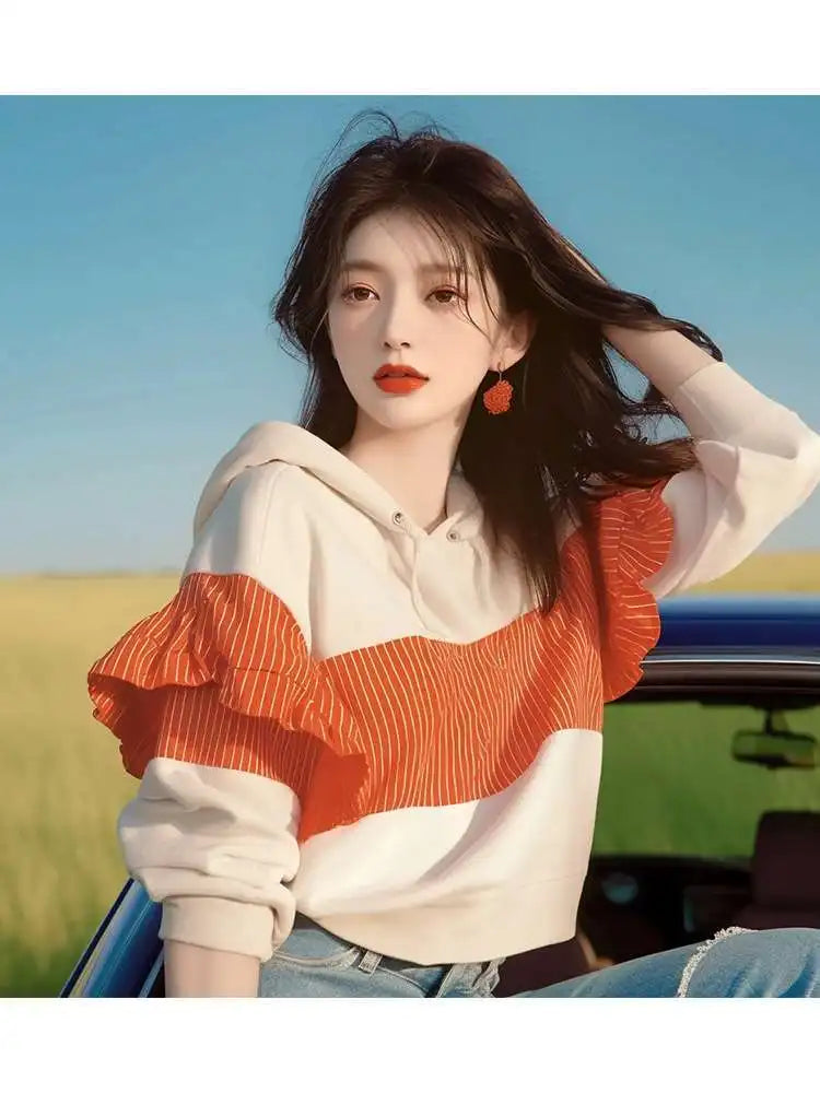 Koreaanse design niche westerse stijl top met unieke afslankende strepen en patchwork capuchontrui