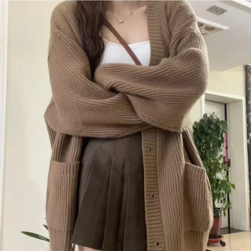 Grijze gebreide vesten voor dames, herfst/winter, dikke, warme, losse truien