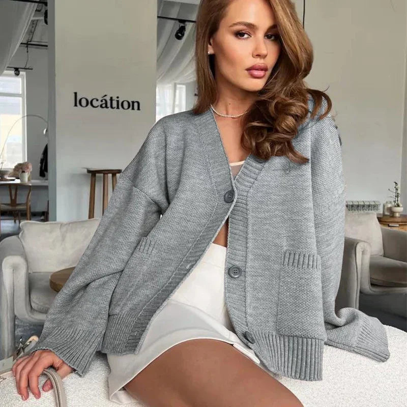 Gele gebreide single-breasted cardigan voor dames, lente/herfst, losse V-hals