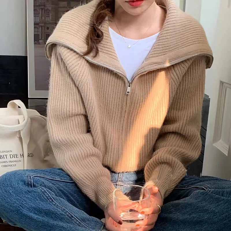 Heliar Dames Rits Cardigan Trui Omslagkraag Effen Gebreid Los Casual