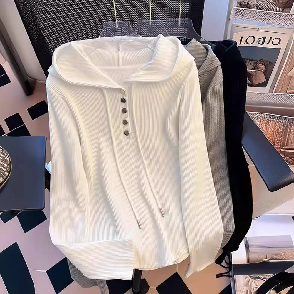 Uniek geknoopt T-shirt met capuchon voor dames, lente/herfst, onregelmatige korte mouwen, lange mouwen, basislaag