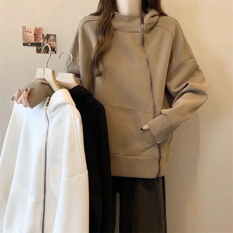 Plus Size Women Belly covering Hooded Diagonal Zipper Long sleeved Sweatshirt for Fat Girls Loose