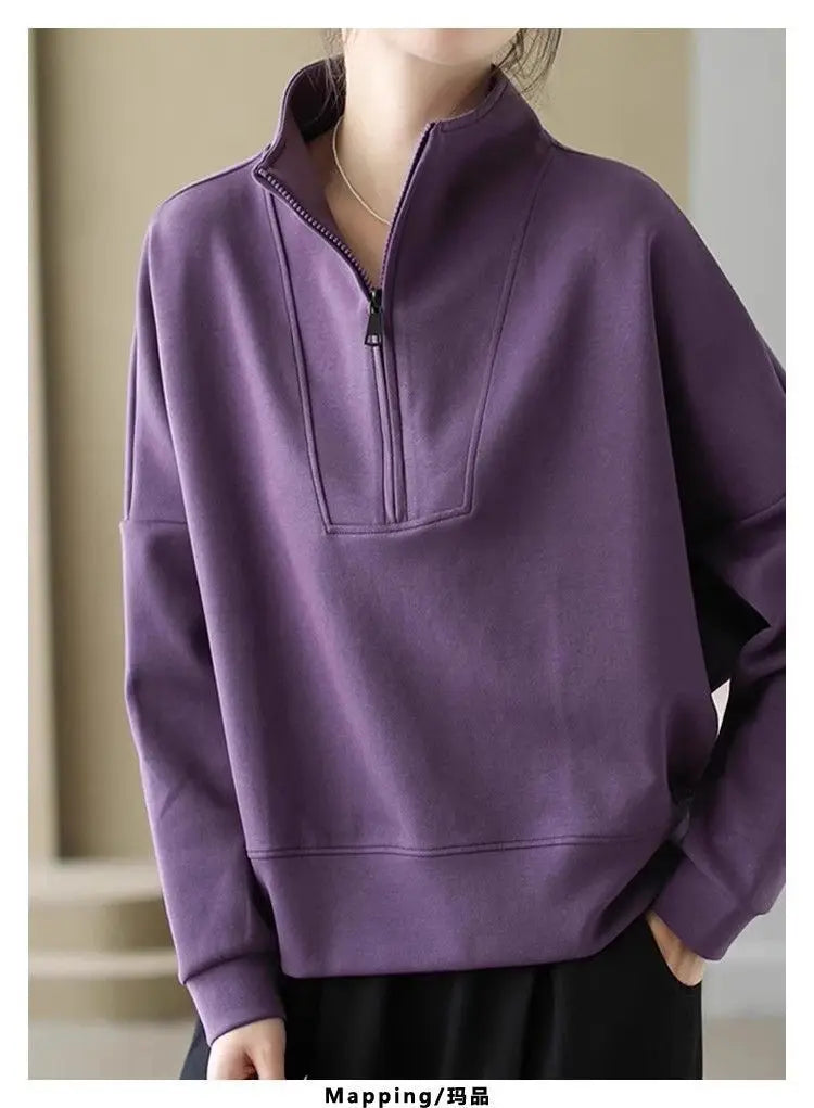 Fashionable and Casual Stand up Collar Sweatshirt Women in Spring and Autumn Loose Semi zipper