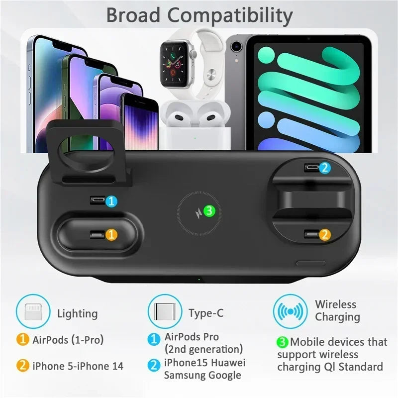 6-in-1 15W draadloze opladerstandaard voor iPhone 16, 15, 14, Samsung, Xiaomi, Apple