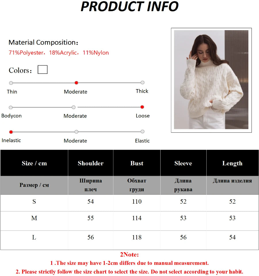 Bornladies Dames Turtleneck Kabeltrui Lazy Loose Fit Lange Mouw