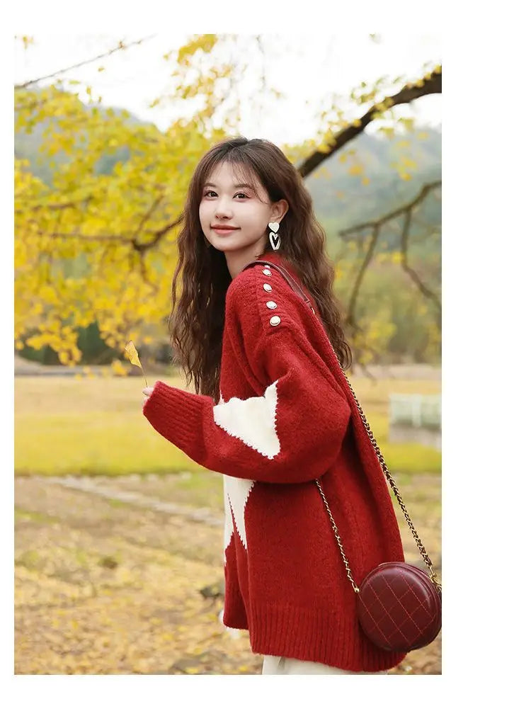 Kerstrode losse trui voor dames, herfst- en wintermode, gebreide top, dik