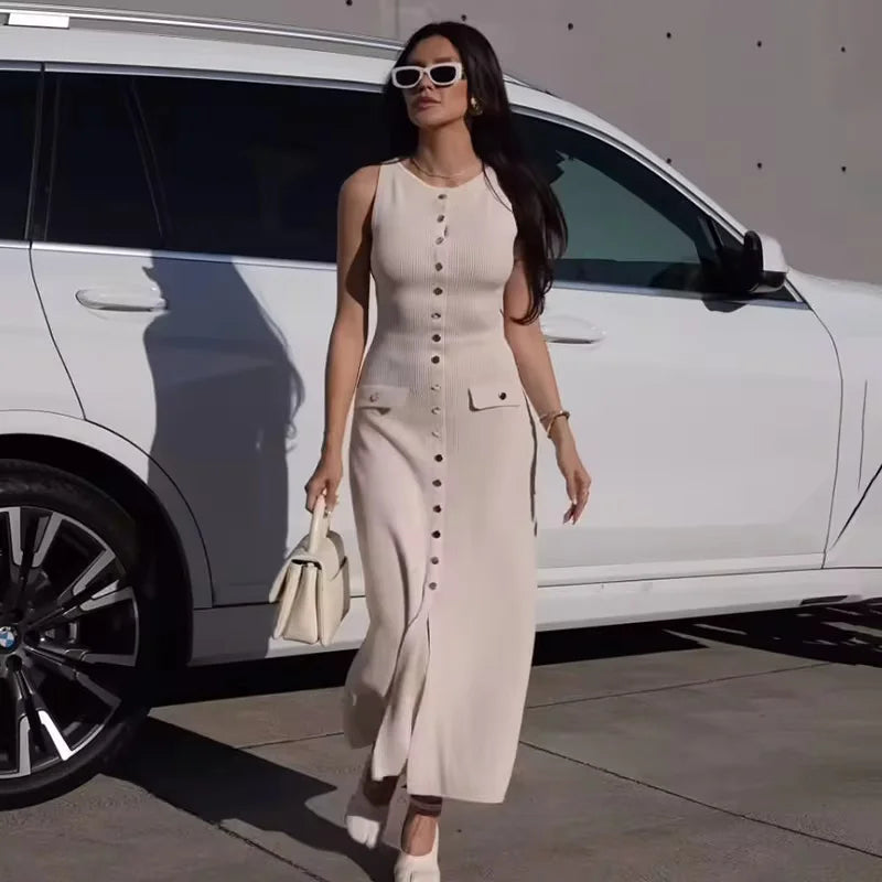 Elegante mouwloze enkelrijs geribbelde truien lange jurk voor dames hoog