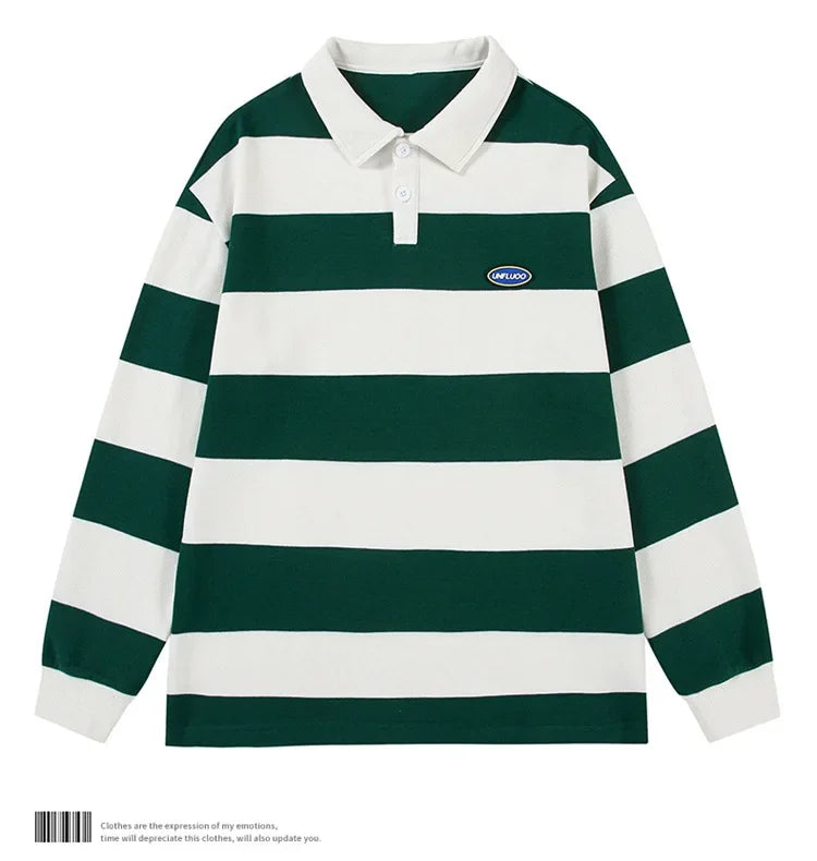Loose Unisex Spring Autumn Trendy Striped Sweatshirt Cotton Polyester Material Couple Hong Kong