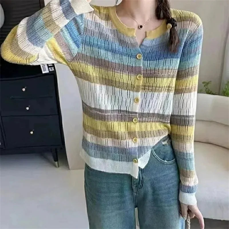 Herfst Dames Trui Koreaans Kort Mode Stikwerk gestreept Breiwerk Cardigan