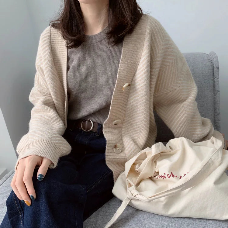 Bornladies Dames Trui Herfst Winter V-hals Gestreept Losvallend Cardigan