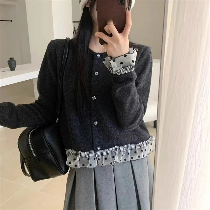 Koreaanse patchwork gebreide cardigan dames polka dot lange mouwen trui jassen