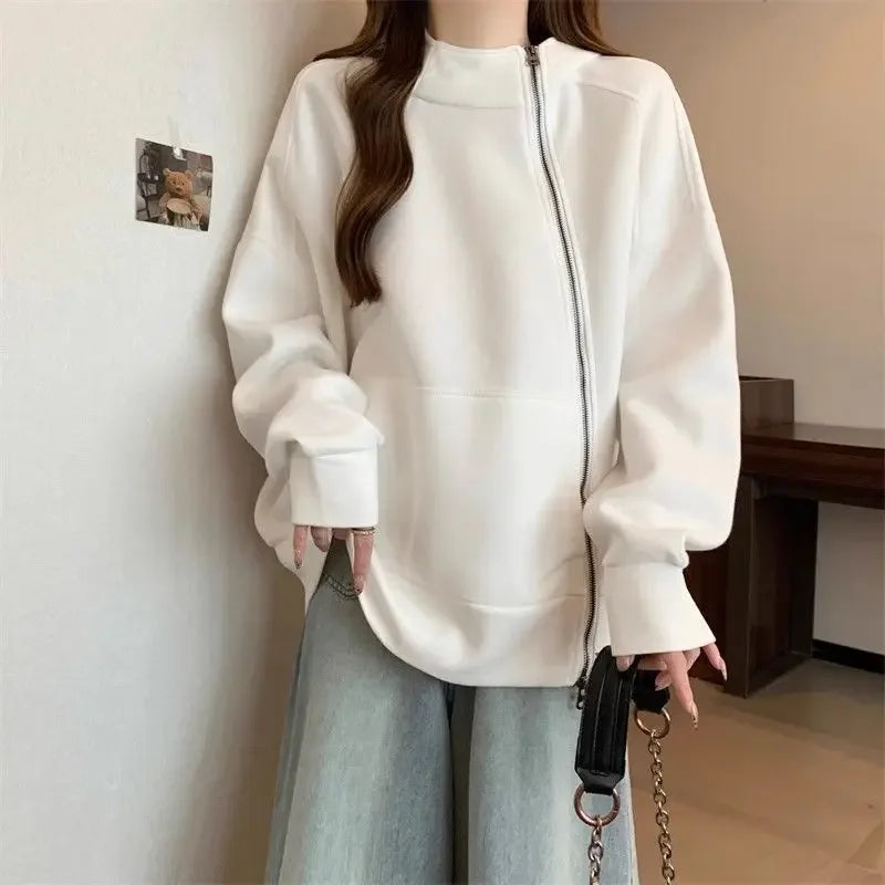 Plus Size Women Belly covering Hooded Diagonal Zipper Long sleeved Sweatshirt for Fat Girls Loose