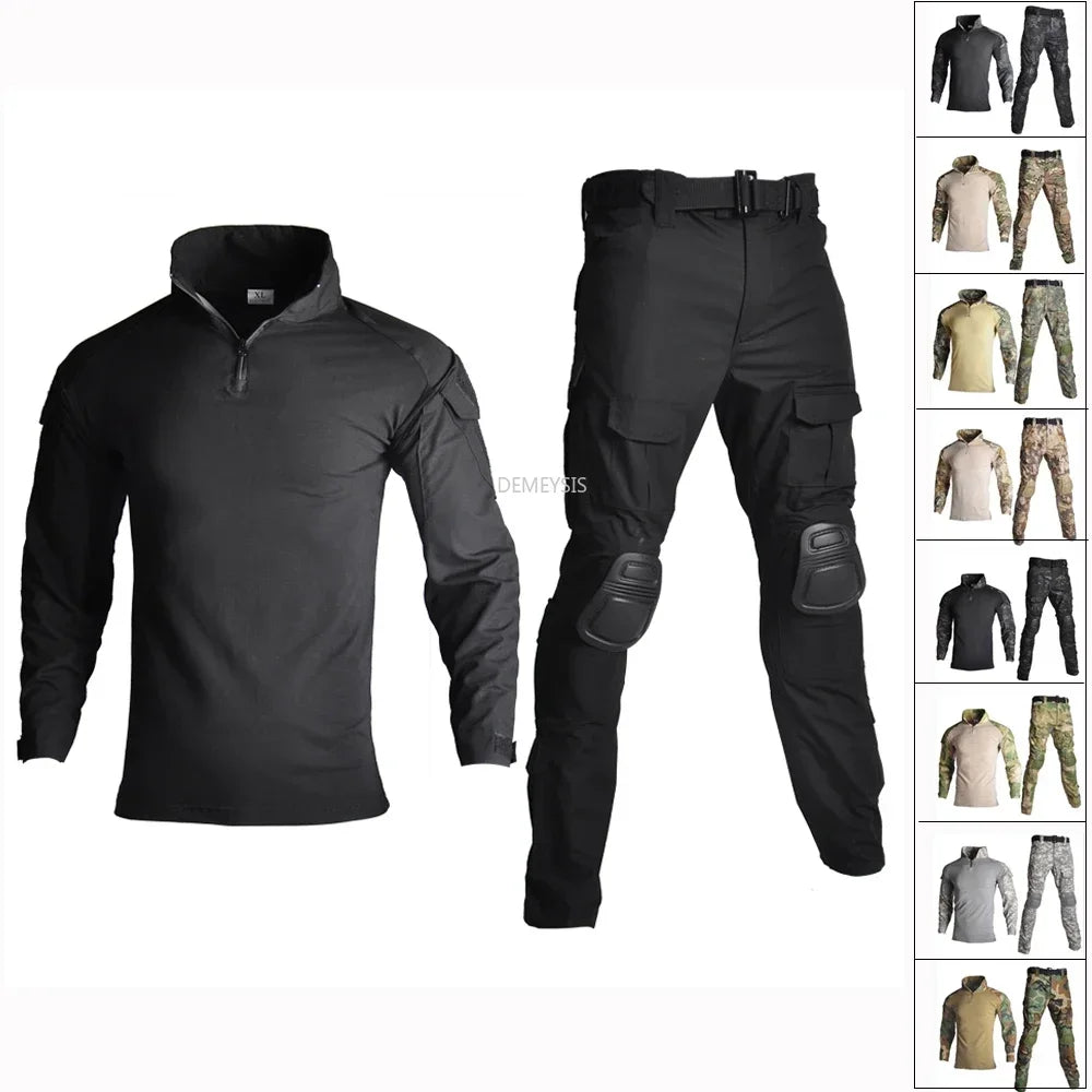 Tactical Camouflage Uniform Clothes Mens Outdoor Paintball Hunting Combat Shirt + Pants with Knee