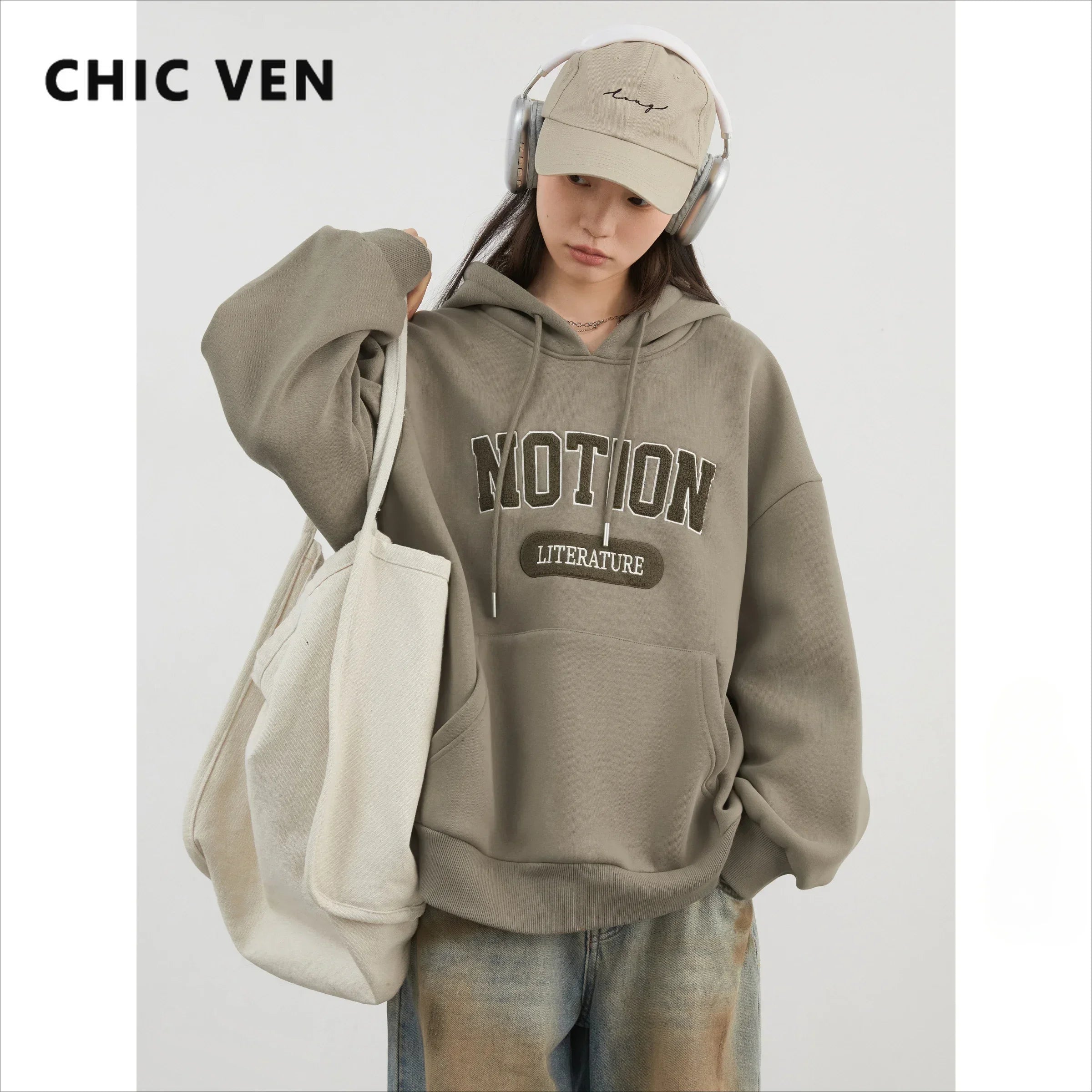 Chic VEN Women Sweatshirts Loose Casual Oversized Hooded Letter Patch Hoodie Female Fleece Woman Top
