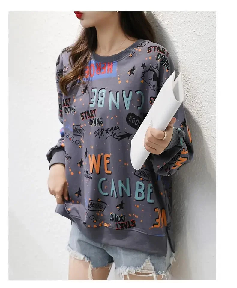 Classic Fashion Printing Letter Sweatshirts Women Long Sleeve Loose O collar Slim Casual All match