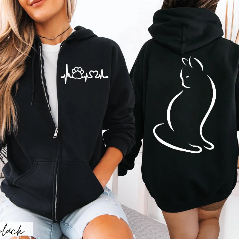 Dames Hoodie met Ritssluiting, Herfst Winter, Schattige Kat, Heatbeat Sweatshirt, Hiphop