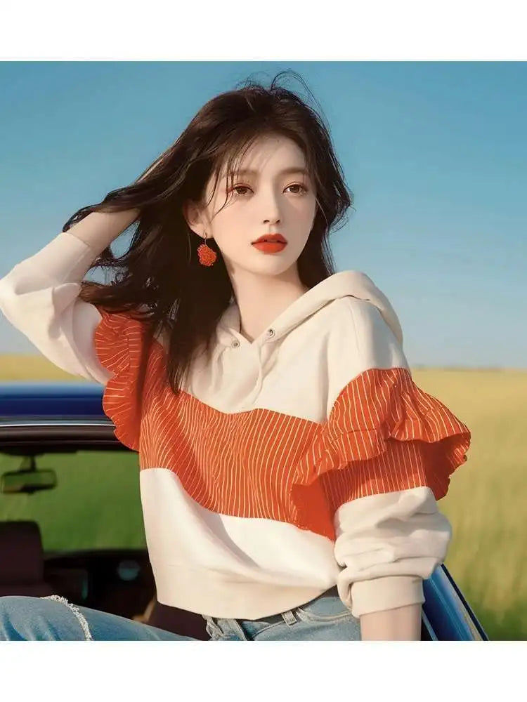 Koreaanse design niche westerse stijl top met unieke afslankende strepen en patchwork capuchontrui