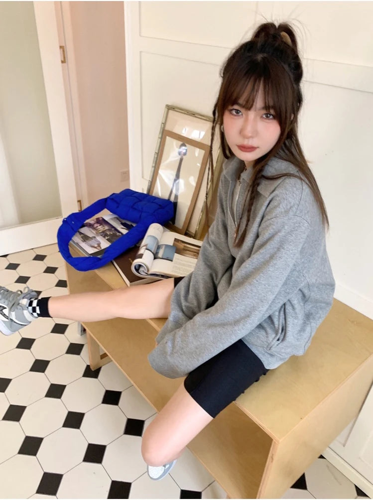 Herfst Winter BM Collar Polo Hoodie met rits voor dames met dikke fluweel en losse capuchon