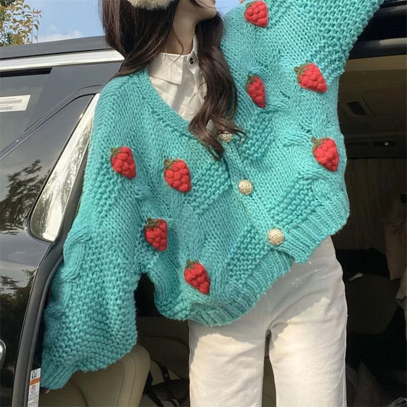 Zoete Aardbei Decor V-hals Cardigan Dames Koreaanse Hollow Out Crop Cardigans