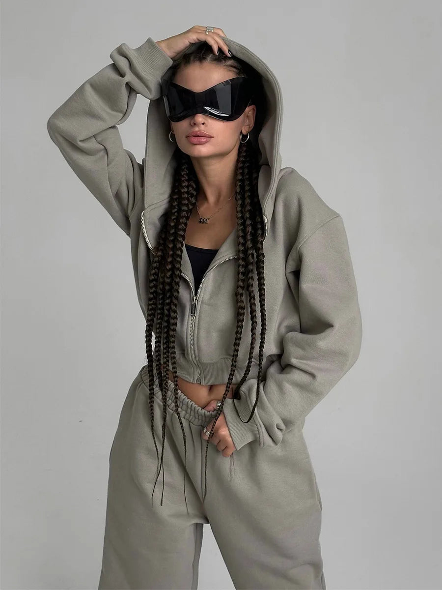 Bornladies Dames Cropped Hoodie Sweatpants Set Losse Trekkoord Taille Ritssluiting