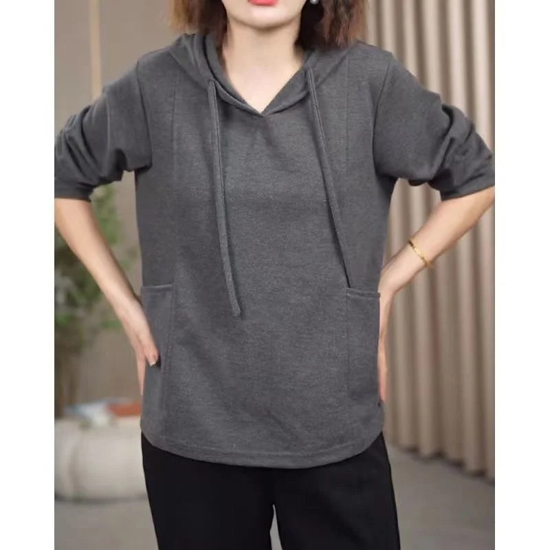Large Pocket Meat covering Hooded Sweatshirt Women s Spring and Autumn Style Loose Hips Wear Tops