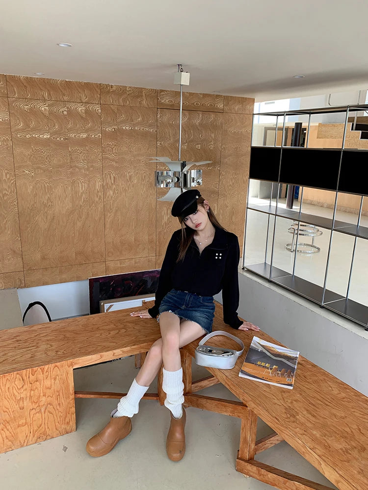 Coltruien voor dames, effen ritsontwerp, chique Koreaanse stijl, eenvoudig