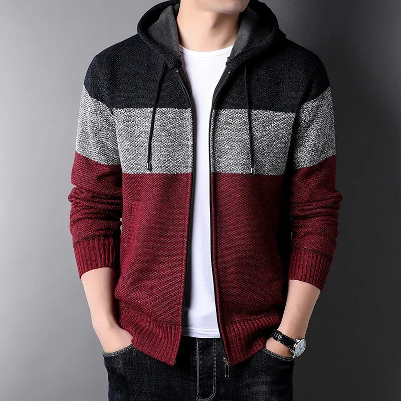 Men s Casual High Neck Long Sleeve Knitted Hoodie Coat Velvet Warmth Autumn Winter Fashion Multi