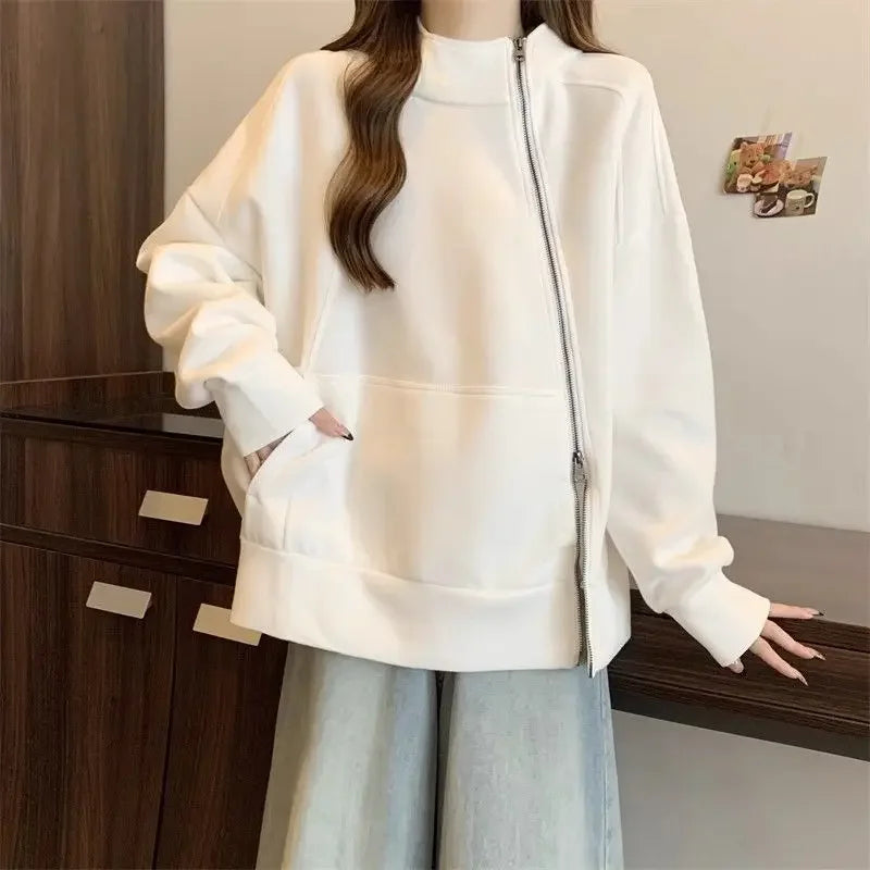 Plus Size Women Belly covering Hooded Diagonal Zipper Long sleeved Sweatshirt for Fat Girls Loose