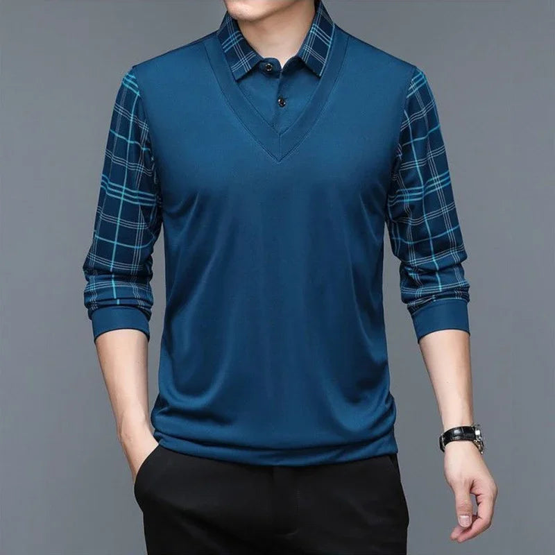 Spring Long Sleeve Polo Men s T shirt Turn down Collar Loose Solid Plaid Fashion