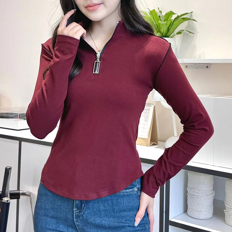 Koreaanse ritsen lange mouwen T-shirt voor vrouwen staande kraag slim fit trui vrouw