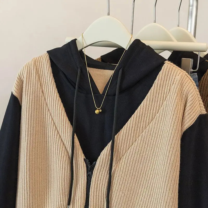 Hooded Fake Two-piece Spliced lange mouwen Sweatshirt Herfst en Winter Slim Top