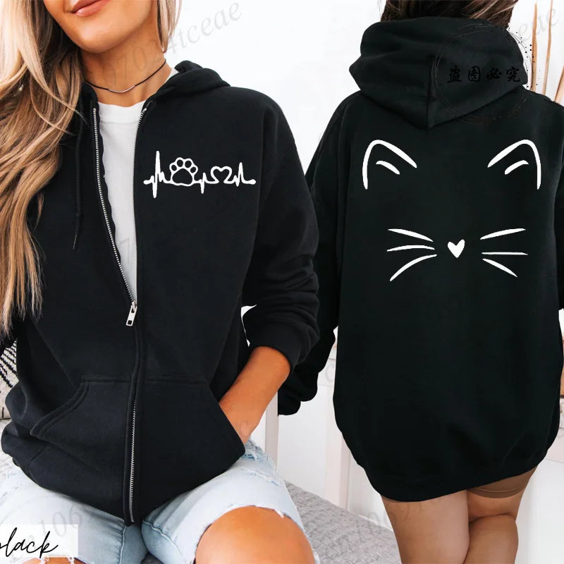 Dames Hoodie met Ritssluiting, Herfst Winter, Schattige Kat, Heatbeat Sweatshirt, Hiphop