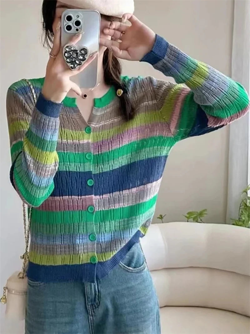 Herfst Dames Trui Koreaans Kort Mode Stikwerk gestreept Breiwerk Cardigan