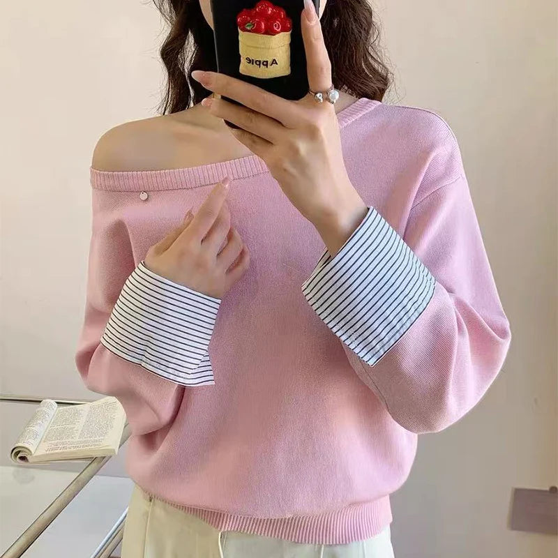 Полосатый свитер с плетением для женщин, модный свитер с открытыми плечами на весну и осень