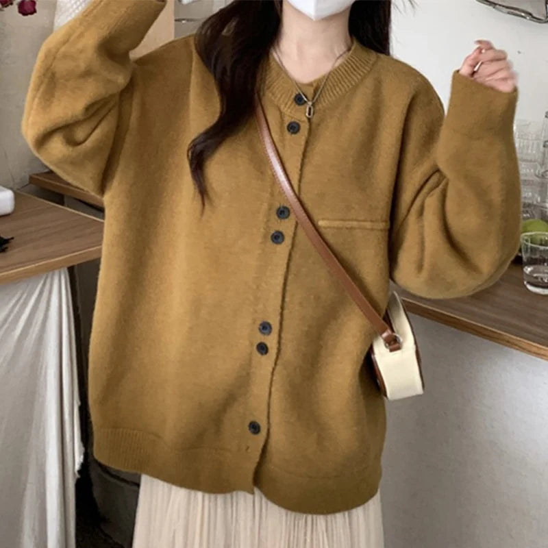 Single Breasted Knitted Cardigan for Women Loose Crew Neck Long Sleeve