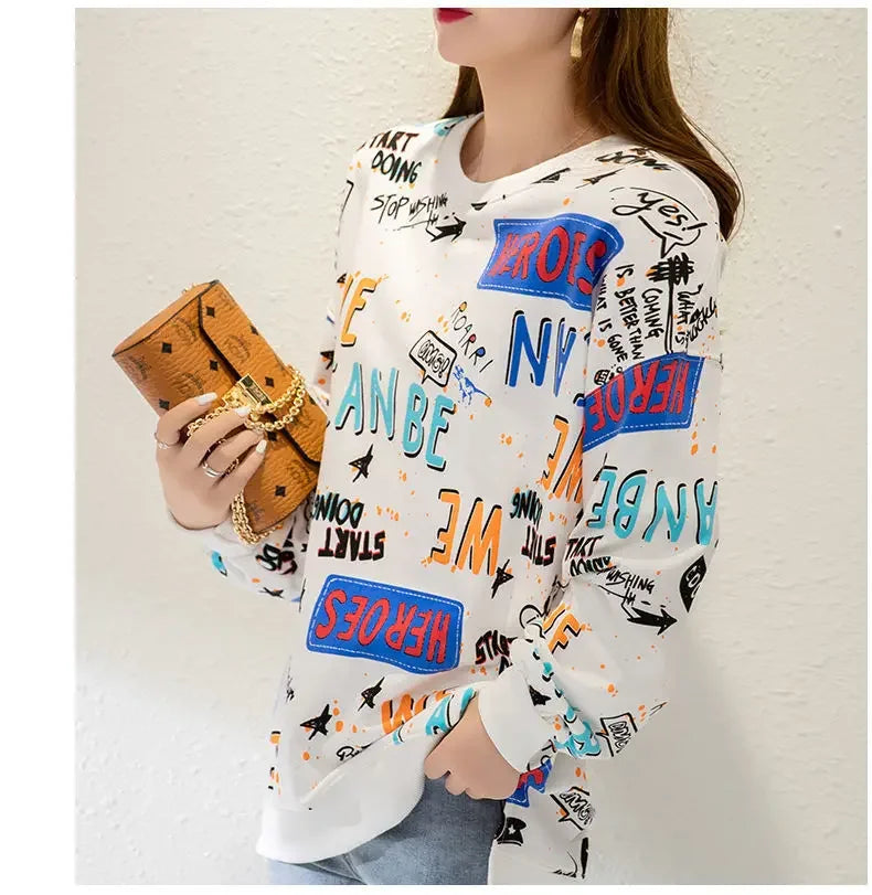 Classic Fashion Printing Letter Sweatshirts Women Long Sleeve Loose O collar Slim Casual All match