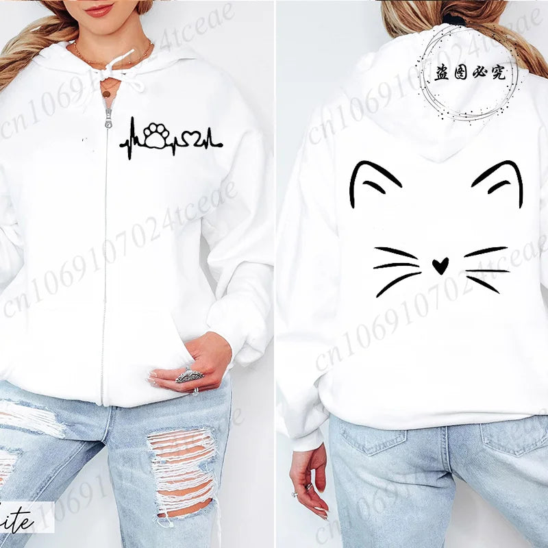 Dames Hoodie met Ritssluiting, Herfst Winter, Schattige Kat, Heatbeat Sweatshirt, Hiphop