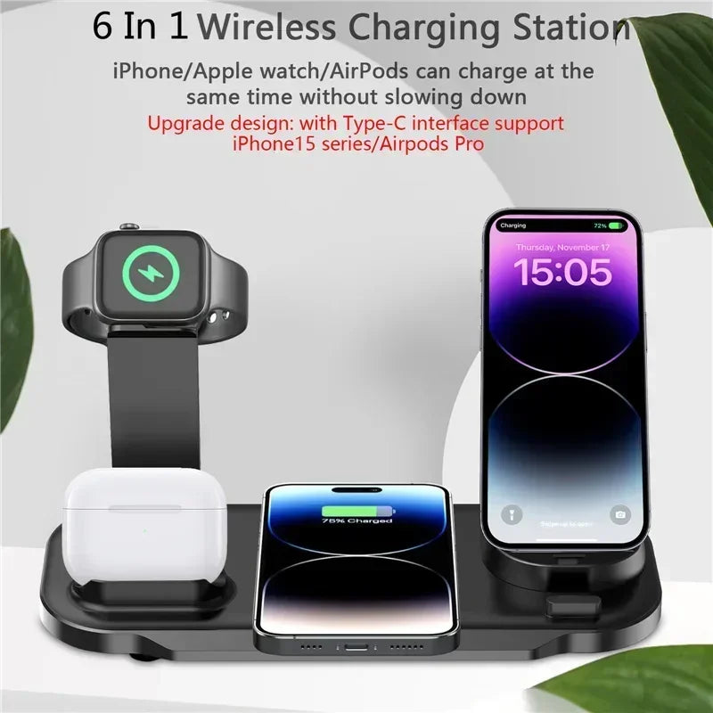 6-in-1 15W draadloze opladerstandaard voor iPhone 16, 15, 14, Samsung, Xiaomi, Apple
