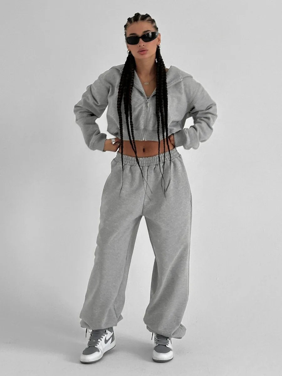 Bornladies Dames Cropped Hoodie Sweatpants Set Losse Trekkoord Taille Ritssluiting